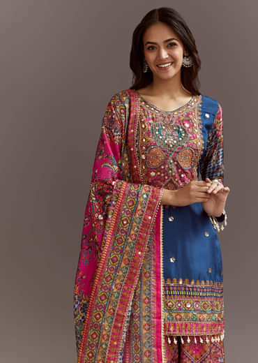 Blue Printed Kurta Palazzo Set With Gotta Lace And Sequins Work