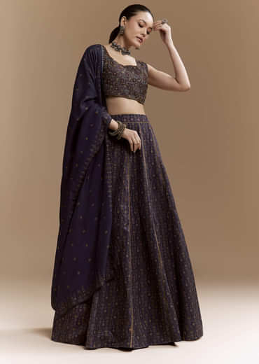Blue Printed Silk Bridesmaid Lehenga Set with Cutdana Blouse
