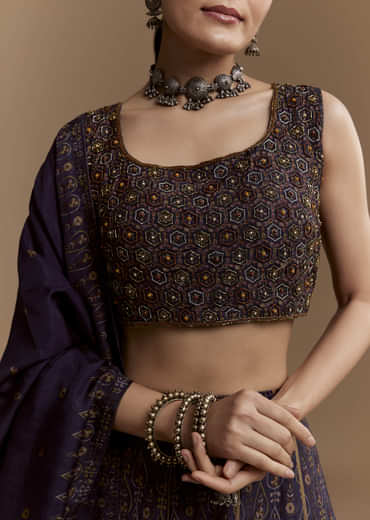 Blue Printed Silk Bridesmaid Lehenga Set with Cutdana Blouse