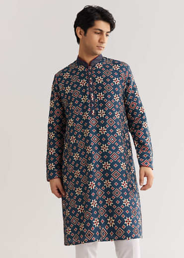 Blue Rawsilk Kurta Set With Beaded Embroidery