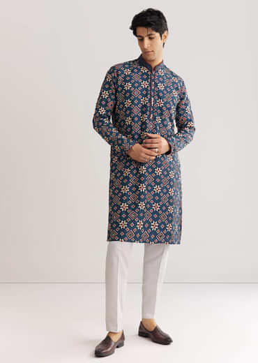 Blue Rawsilk Kurta Set With Beaded Embroidery