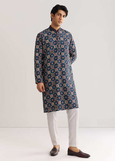 Blue Rawsilk Kurta Set With Beaded Embroidery