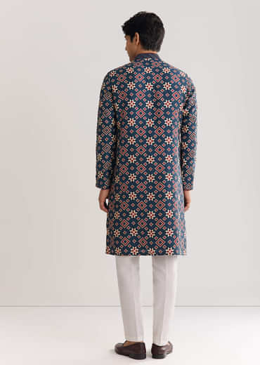Blue Rawsilk Kurta Set With Beaded Embroidery