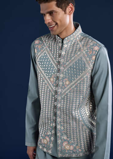 Blue Rayon Jacket Kurta Set with Gotta Patti