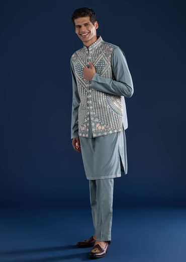 Blue Rayon Jacket Kurta Set with Gotta Patti
