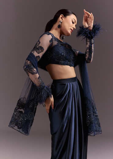 Blue Ready To Wear Saree With Full Sleeve Net Blouse