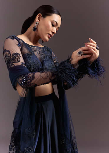 Blue Ready To Wear Saree With Full Sleeve Net Blouse