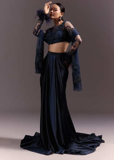 Blue Ready To Wear Saree With Full Sleeve Net Blouse