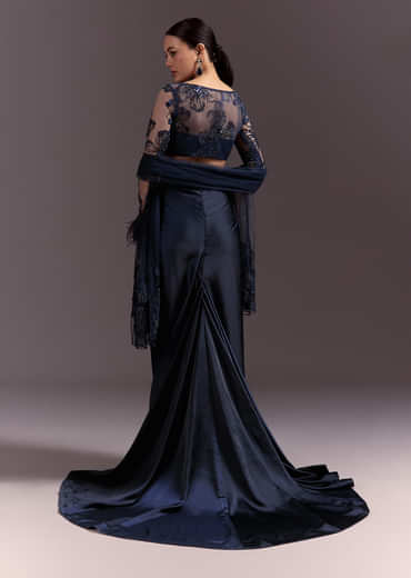 Blue Ready To Wear Saree With Full Sleeve Net Blouse