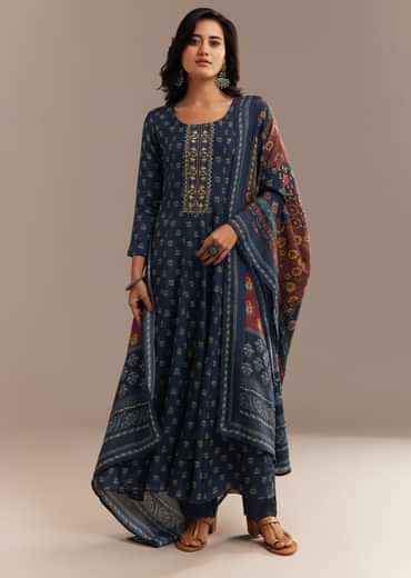 Blue Roman Silk Printed Anarkali Set