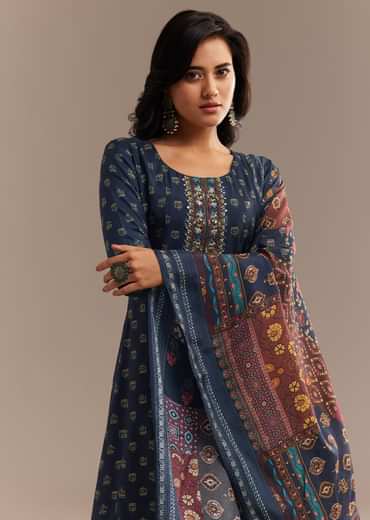 Blue Roman Silk Printed Anarkali Set