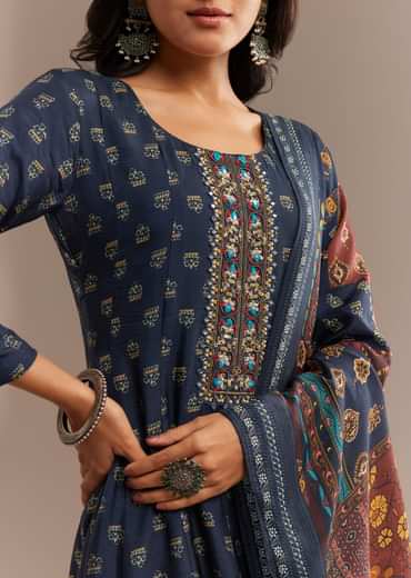Blue Roman Silk Printed Anarkali Set