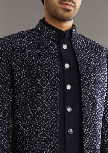 Blue Salli And Diamond Embellished Indo Western Set In Suiting Fabric