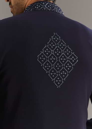 Blue Salli And Diamond Embellished Indo Western Set In Suiting Fabric