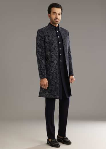 Blue Salli And Diamond Embellished Indo Western Set In Suiting Fabric