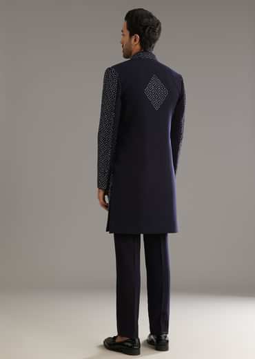 Blue Salli And Diamond Embellished Indo Western Set In Suiting Fabric