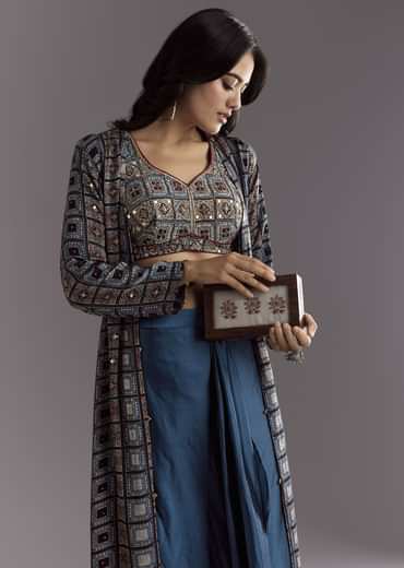 Blue Satin Ajrakh Printed Indowestern Croptop Jacket With Mirror Work
