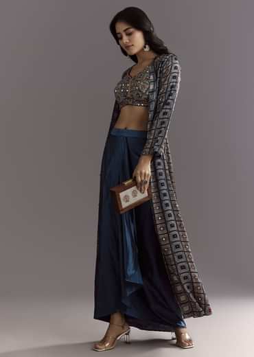 Blue Satin Ajrakh Printed Indowestern Croptop Jacket With Mirror Work