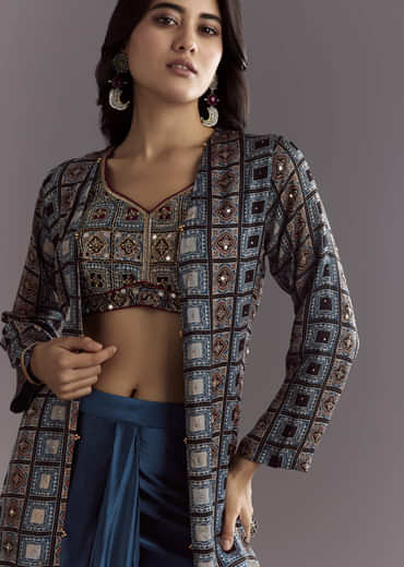 Blue Satin Ajrakh Printed Indowestern Croptop Jacket With Mirror Work
