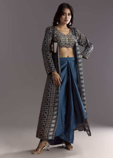 Blue Satin Ajrakh Printed Indowestern Croptop Jacket With Mirror Work