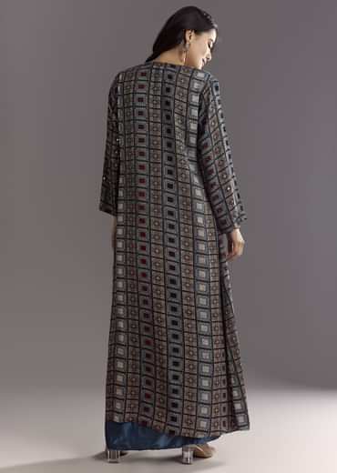 Blue Satin Ajrakh Printed Indowestern Croptop Jacket With Mirror Work