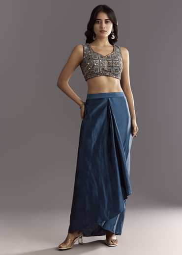 Blue Satin Ajrakh Printed Indowestern Croptop Jacket With Mirror Work