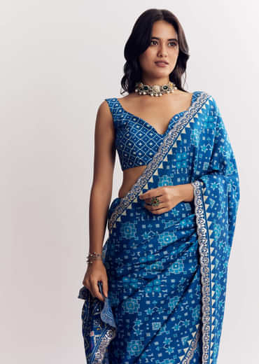Blue Satin Ikat Printed Saree With Gota And Mirror Embroidery