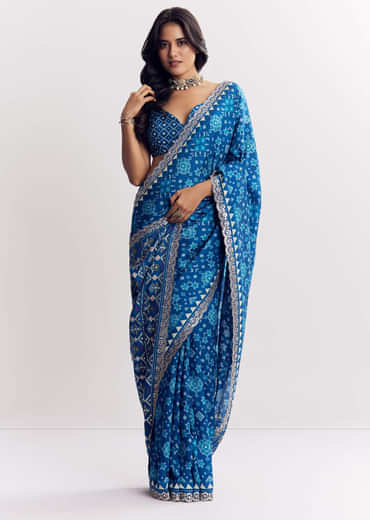 Blue Satin Ikat Printed Saree With Gota And Mirror Embroidery
