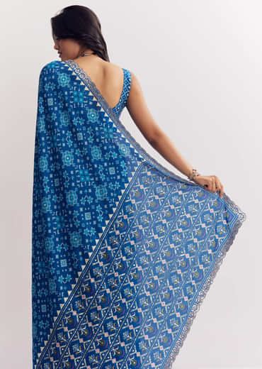 Blue Satin Ikat Printed Saree With Gota And Mirror Embroidery