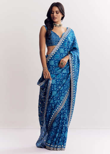 Blue Satin Ikat Printed Saree With Gota And Mirror Embroidery