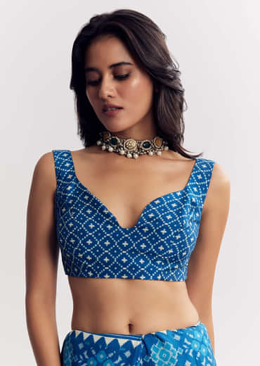 Blue Satin Ikat Printed Saree With Gota And Mirror Embroidery