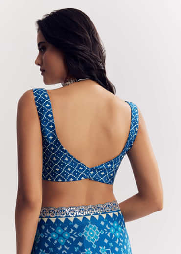 Blue Satin Ikat Printed Saree With Gota And Mirror Embroidery