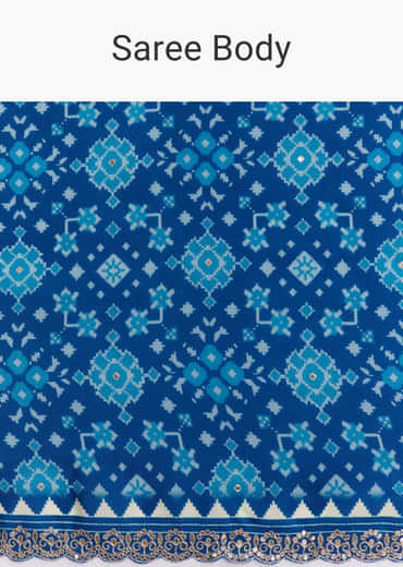 Blue Satin Ikat Printed Saree With Gota And Mirror Embroidery