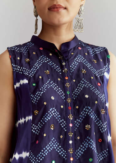 Blue Satin Indo Western Set With Bandhani And Leheriya Print