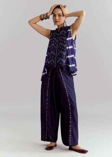 Blue Satin Indo Western Set With Bandhani And Leheriya Print