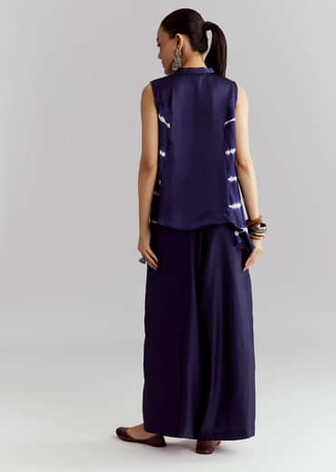 Blue Satin Indo Western Set With Bandhani And Leheriya Print