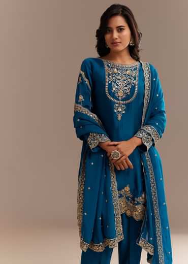Blue Satin Zari Embroidered Dhoti Kurta Set