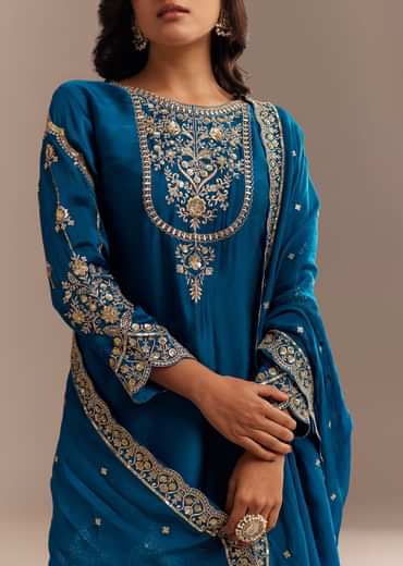 Blue Satin Zari Embroidered Dhoti Kurta Set