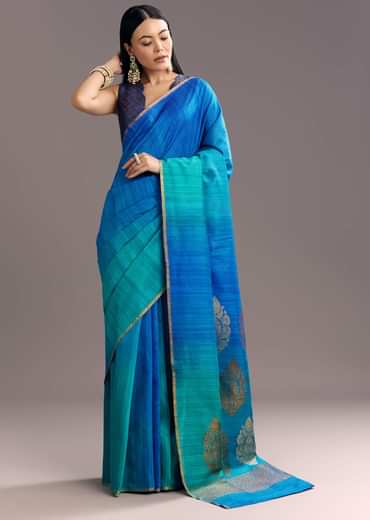 Blue Shaded Kora Silk Handloom Saree With Woven Traditional Motif