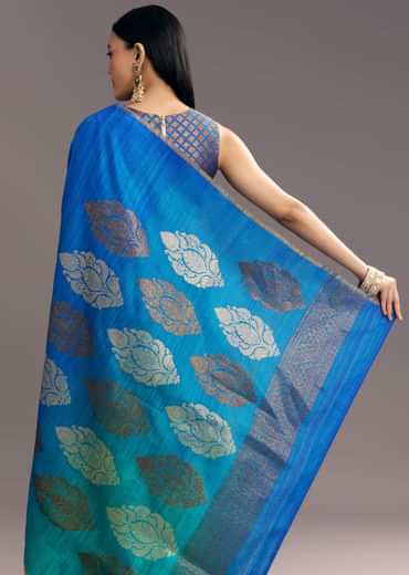Blue Shaded Kora Silk Handloom Saree With Woven Traditional Motif