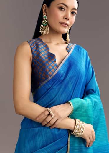 Blue Shaded Kora Silk Handloom Saree With Woven Traditional Motif