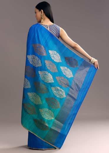 Blue Shaded Kora Silk Handloom Saree With Woven Traditional Motif