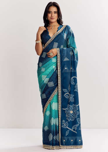 Blue Shaded Muslin Printed Saree With Embellishments