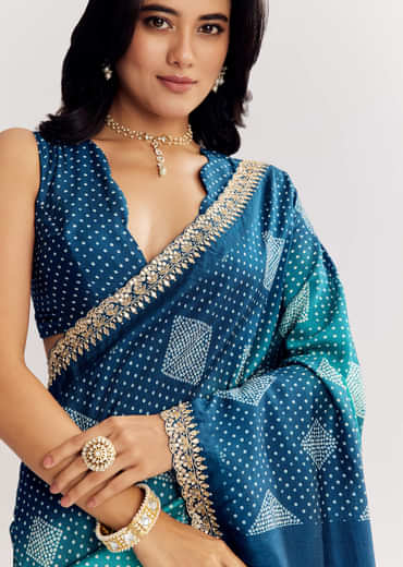 Blue Shaded Muslin Printed Saree With Embellishments