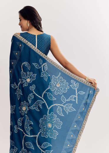 Blue Shaded Muslin Printed Saree With Embellishments