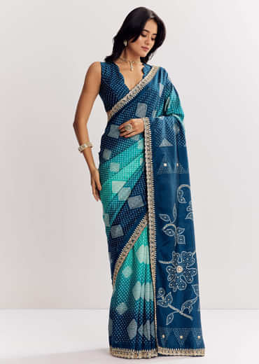 Blue Shaded Muslin Printed Saree With Embellishments