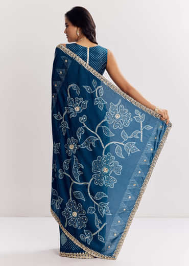 Blue Shaded Muslin Printed Saree With Embellishments