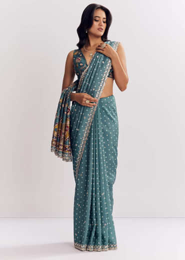 Blue Shaded Muslin Printed Saree With Mirror Gota Zari And Sequins