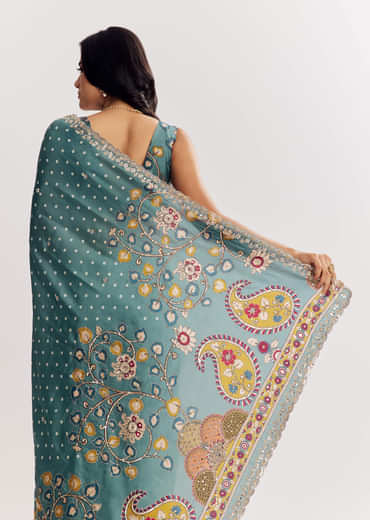 Blue Shaded Muslin Printed Saree With Mirror Gota Zari And Sequins