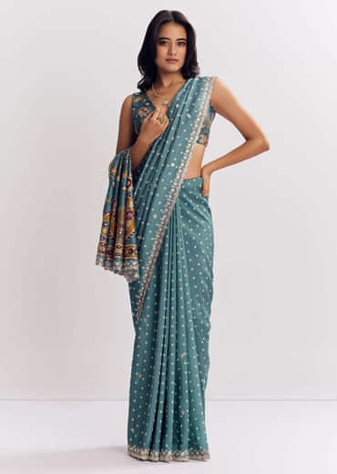 Blue Shaded Muslin Printed Saree With Mirror Gota Zari And Sequins